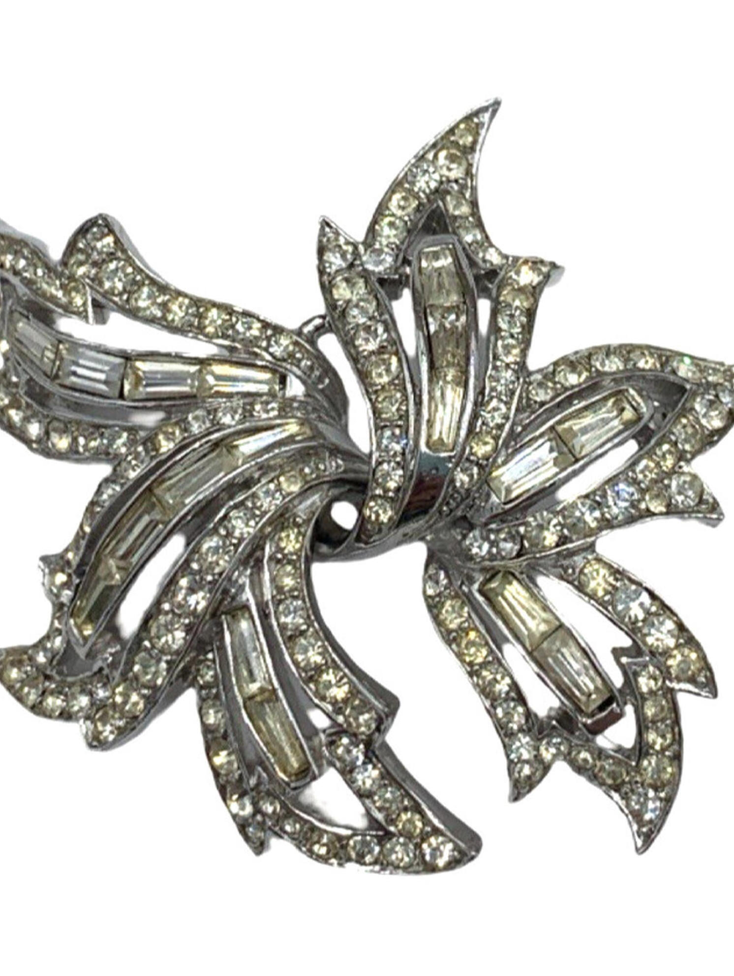Marcel Boucher Rhodium Plated Clear Rhinestone Leaf Brooch